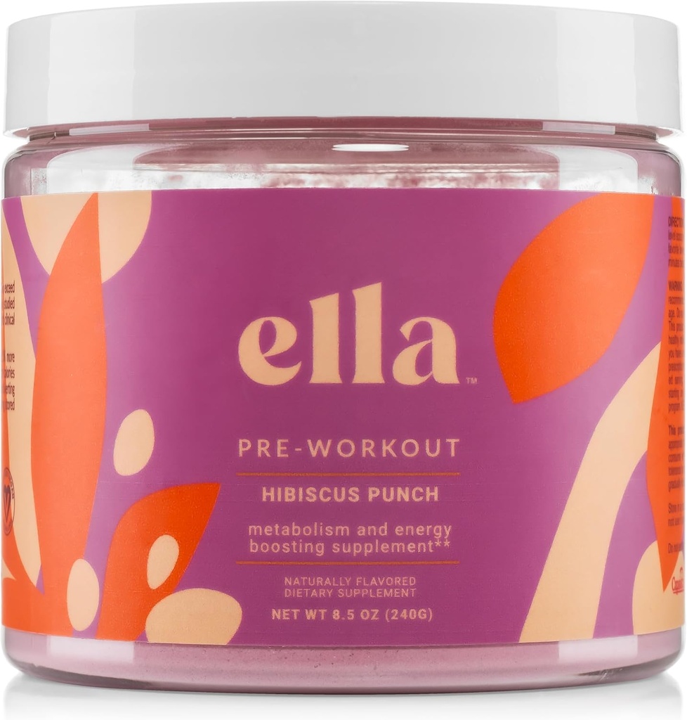 Poudre pré-entraînement nue Ella, Hibiscus Punch Amino Energy avec acides aminés végans BCAA, caféine naturelle, boost pré-entraînement pour les hommes et les femmes, 30 portions