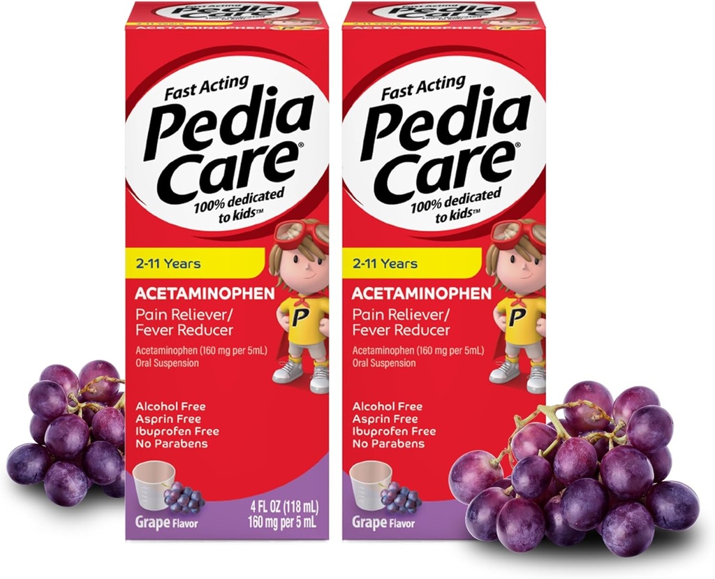 Fast Acting Children's Pain Reliver/Kids Fever Reducer met Acetaminophen Oral Suspension, Ages 2-11, Zero Alcohol of Aspirine of Ibuprofen, Grape Flavor, 4 fl oz (2 Pack)