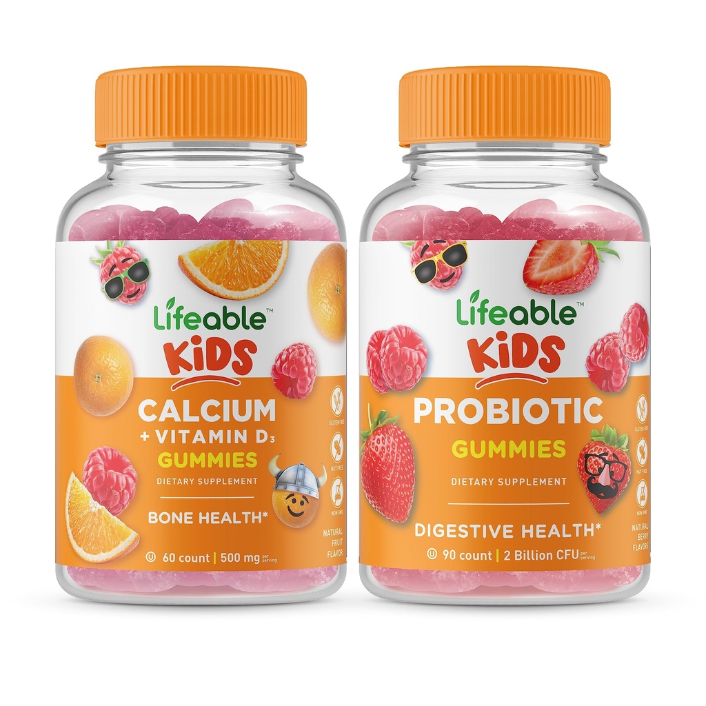 Levensvatbaar Calcium met vitamine D Kids + Probiotic 2 Miljard CFU Kids, Gummies Bundle - Grote Proeverij, Vitamine Supplement, Glutenvrij, GGO-vrij, Kauwgom