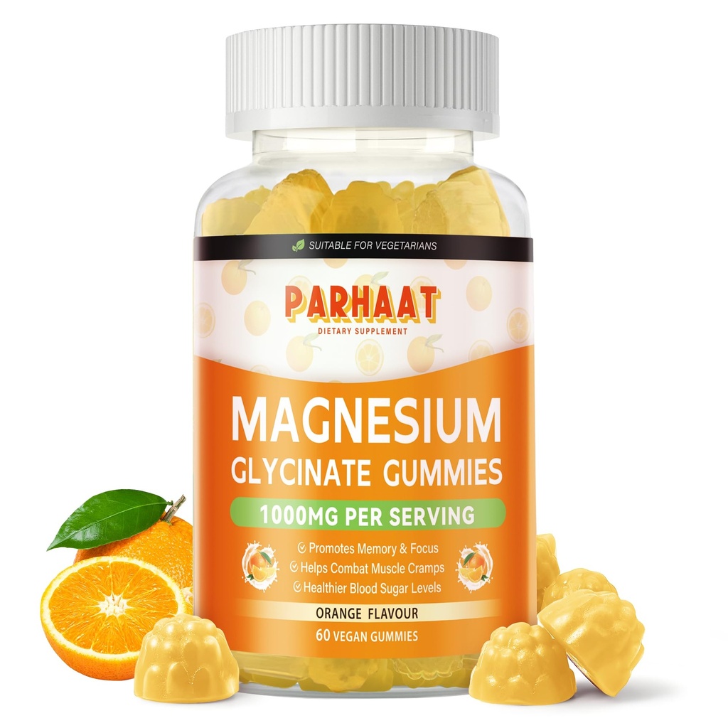 Magnesium Glycinate Gummies 1000mg - Suikervrij Magnesium Kalium Supplement met Vitamine D, B6, CoQ10 voor Kalm Mood & Slaap Ondersteuning - 60 Oranje Gummies