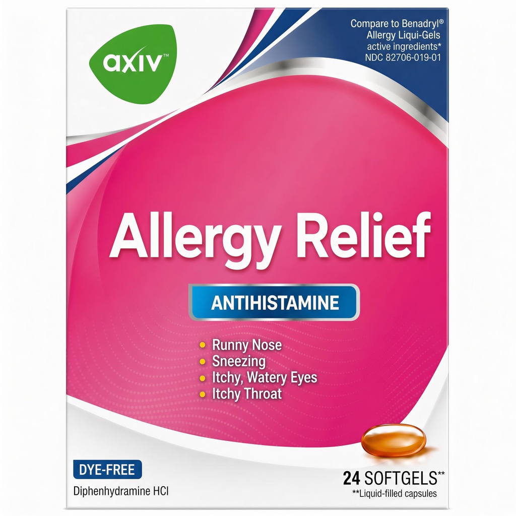 AXIV Allergy Relief Softgels, Antihistamine Medicine & Cold Symptom Relief, Dye-Free Liquid Gels, 25 mg Difenhydramine HCl, Runny Nose, niezen, 24 Tellen (24 Softgels)