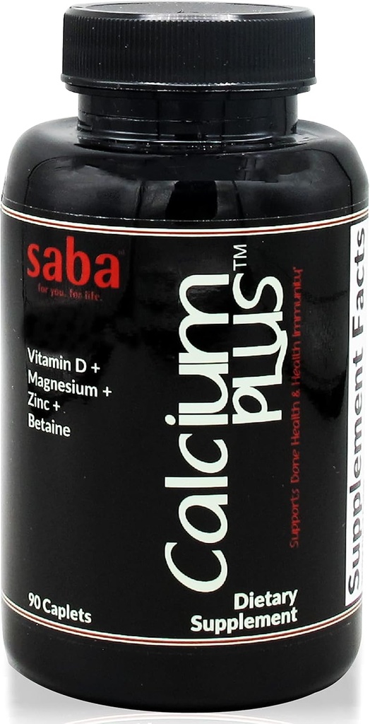 Saba Calcium Plus - Bone Strength - Calcium, Magnesium, Kalium, Vitamine D, Zink, Betaïne - GGO, soja, glutenvrije ingrediënten - Whole Food Supplement for Bone Health, Immune - 90 Caplets