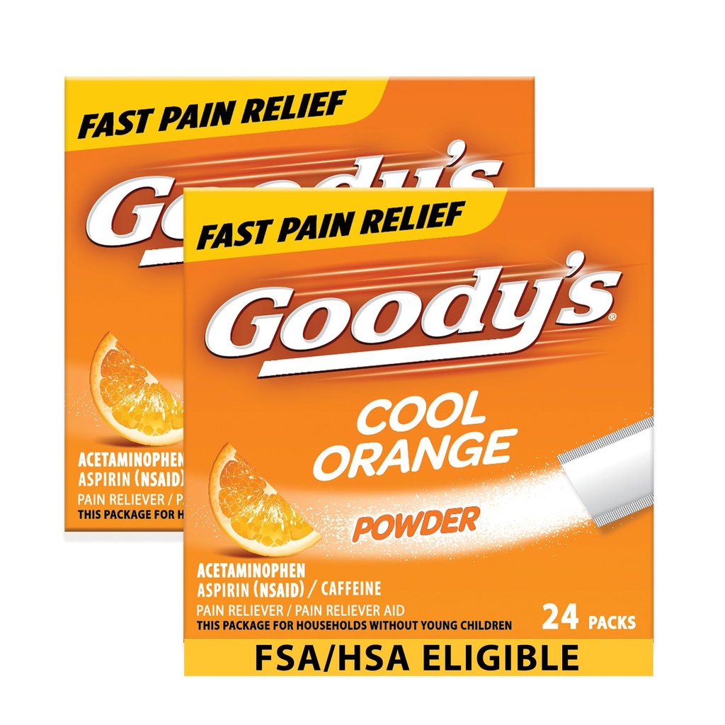 Poudre de mal de tête extra-fort de Goody, emballages d'arôme orange frais, 24 emballages individuels (2 paquets)