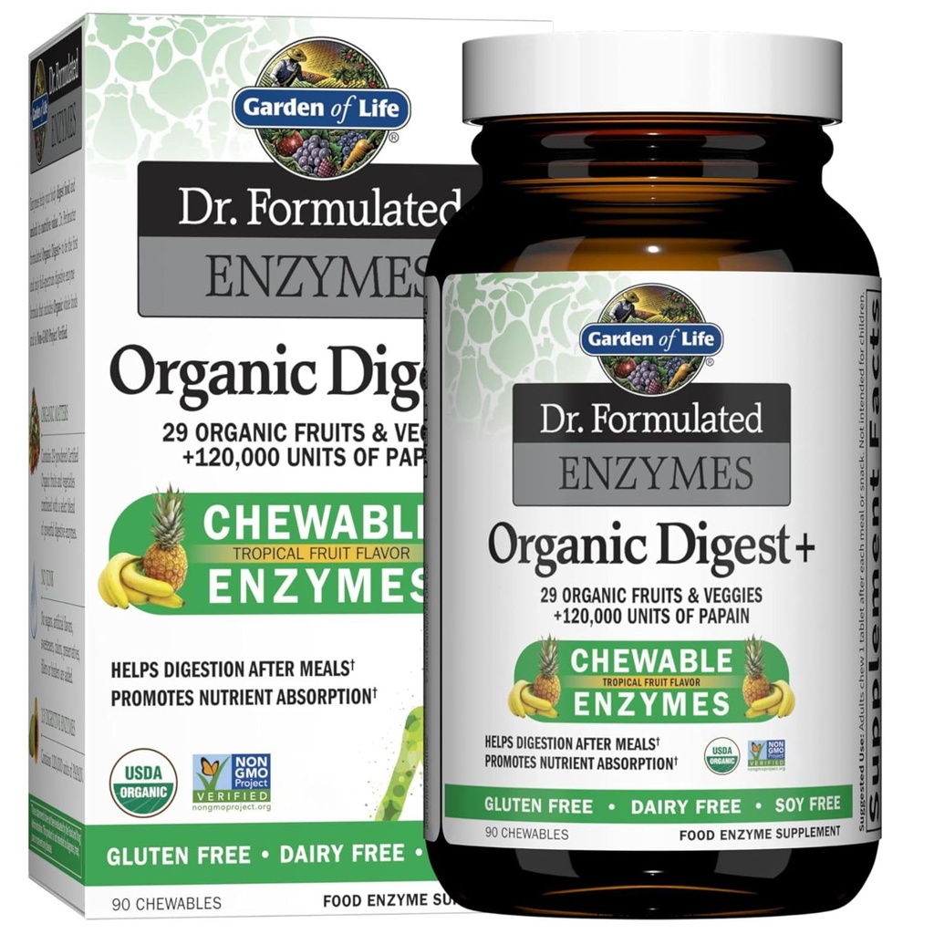 Tuin van het leven Digestieve enzymen met Papain, Bromelain en Lipase voor Nutriënt Absorptie en Digestie Ondersteuning, Tropische Fruit smaak, Dieetsupplement, Gecertificeerd Veganistisch, 90 Kauwtabletten
