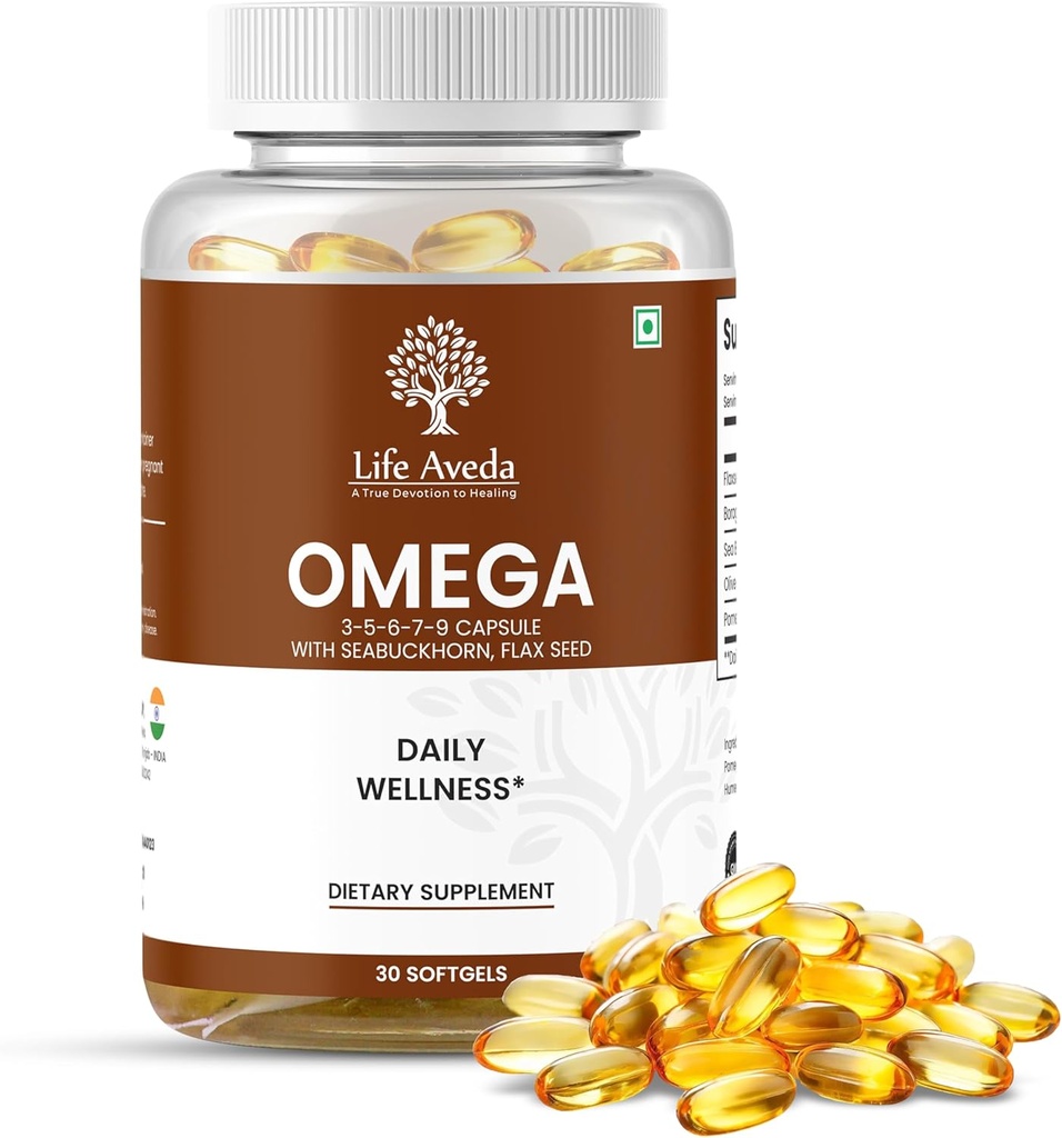 Life Aveda Omega 3-5-6-7-9 Capsules voor mannen en vrouwen met Seabuckhorn en Vlaszaad, Ondersteunt hart, haar, huid & Joint Health en natuurlijke voeding- 30 Softgel Capsules (1 maand levering)
