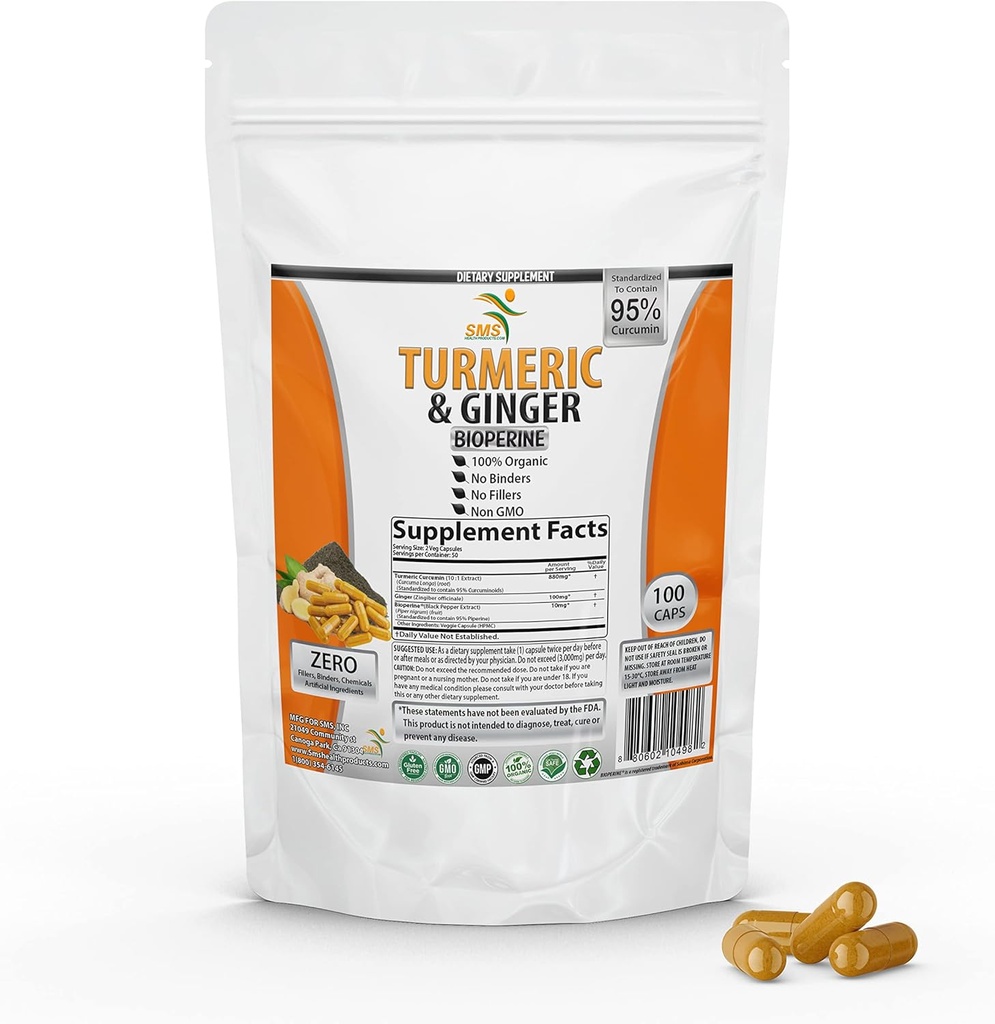 Kurkuma Curcumine met gember, bioperine zwarte peper, 95% curcuminoïden, 95% gestandaardiseerde curcuminoïden en bioperine voor potentie en absorptie, Tumerische supplement, Made in USA - 100 Veggie Capsules