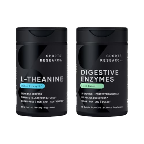 Sportonderzoek Dubbele sterkte L-Theanine Supplement Suntheanine Softgels voor Focus, Ontspanning & Alertheid met Kokosolie 60 Tel en Digestieve Enzymen + Probiotica & Gember Plant Gebaseerd 90 Tellen
