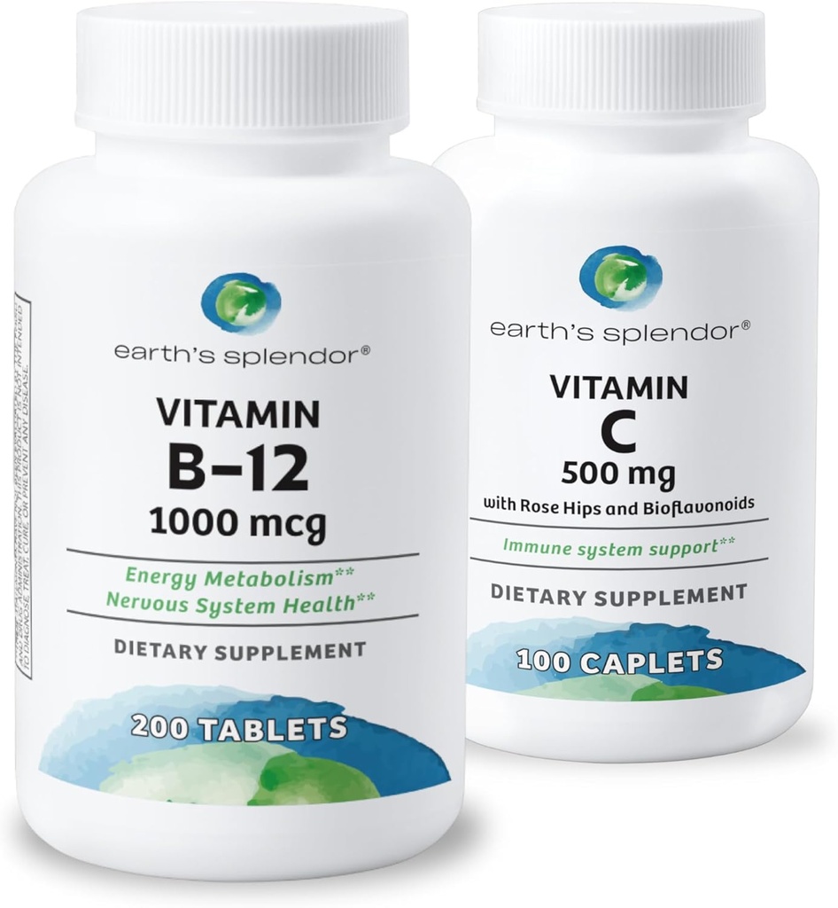 Splendor Energie en Immune Ondersteuning van de Aarde Vitamin B12 & Vitamin C met Rose HIPS, Glutenvrije, Geen kunstmatige kleuren of smaken, Ondersteunt Energie Metabolisme & Antioxidant Gezondheid voor mannen en vrouwen