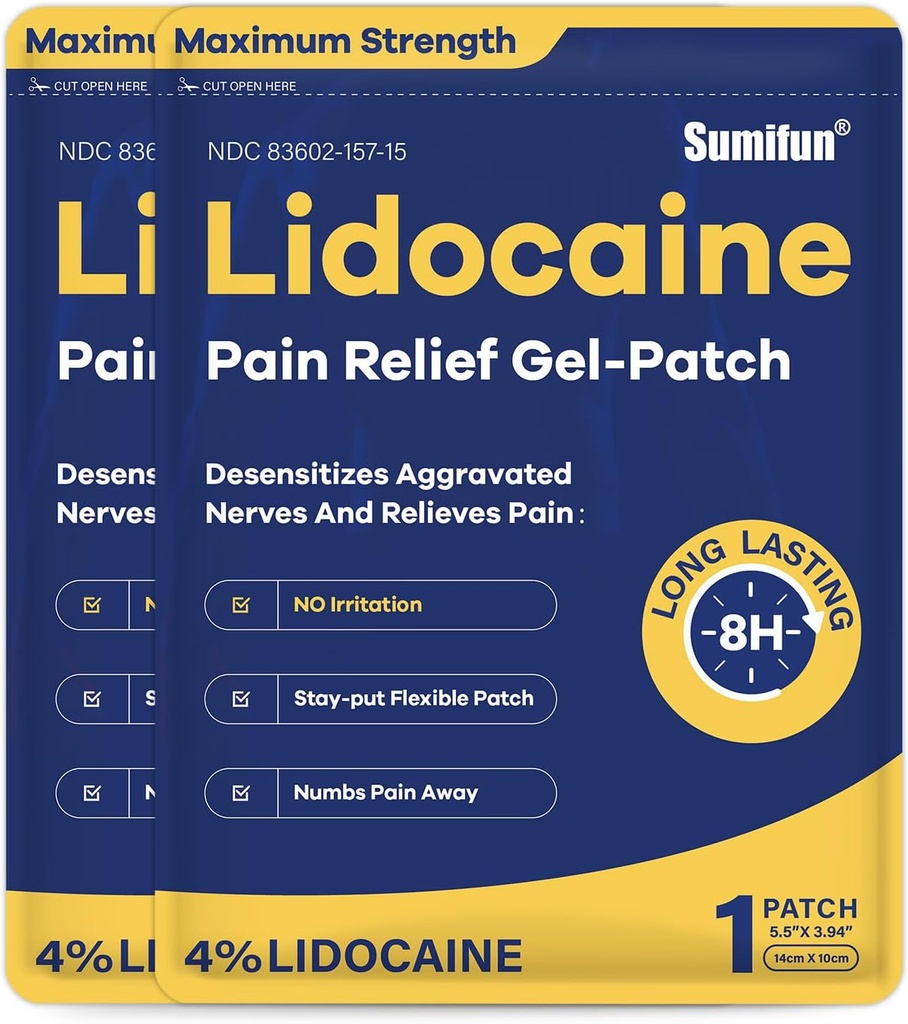 Sumifun 4% Lidocaïne Patches Maximale sterkte - 24 Count Pain Relieving Gel Patch for Muscle Soreness, Back Ache, Knie, Neck & Joint Pains - Topical Analgesic(NDC: 83602-157-15, 83602-157-01)