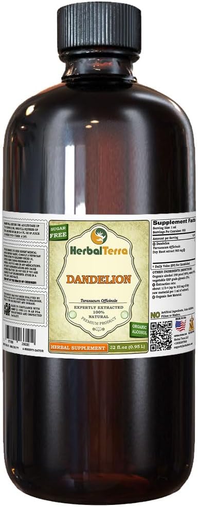 Dandelion (Taraxacum Officinale) Tinctuur, Biologische gedroogde wortels Liquid Extract (Brand Name: HerbalTerra, Trots Made in USA) 32 fl.oz (0,95 l)