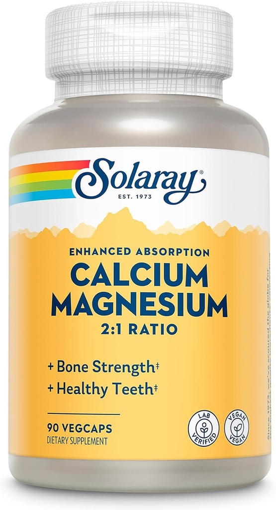 SOLARAY Calcium Magnesium Supplement, Magnesium & Calcium Supplementen voor vrouwen en mannen, 2:1 Ratio, Bot Gezondheid & Strength, Vegan, Hoge Absorptie, 60 dagen garantie, 22 porties, 90 VegCaps