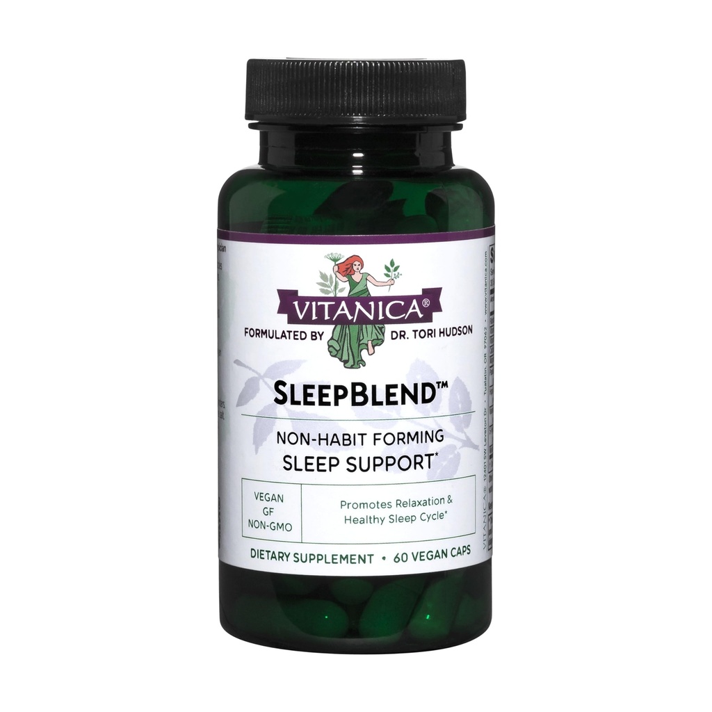 Vitanica Sleepblend, Non Habit vormen van slaapondersteuning supplement, met Melatonine, Valeriaanwortel, Passiebloem en Hop, Veganistan, 60 Capsules