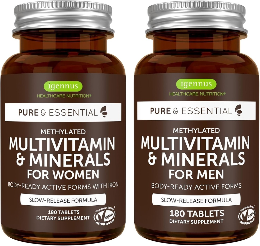 Methylated Women's Multivitamine + Heren Multivitamine Bundle, MTHFR Supplement met Actieve B-Vitaminen, Clean Label & Vegan, 180 Tablets, door Igennus