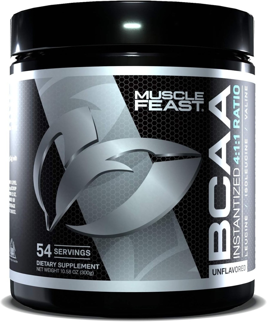Muscle Feast Vegan BCAA Poeder 4:1:1 Ratio Keto Friendly Sugar Free Post Workout Herstel, Unflavored, 300g...