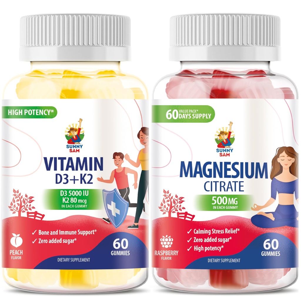 Vitamine D3 K2 Gummies 5000 IE - Immune & Bone Suppor & Magnesium Gummies for Kids & Adults - 500mg