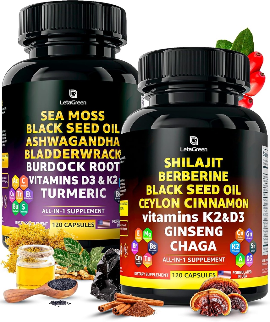 Irish Sea Moss and Himalaya Shilajit Capsules - 120 Wildcrafted Sea Moss Pillen with Black Seed Oil, Burdock Root & Bladderwrack Powder 