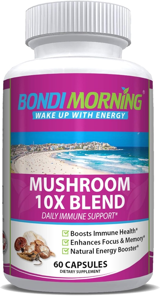 Mushroom Complex Immune Support Supplement – 10X Blend with Cordyceps, Reishi, Lion’s Mane, and Chaga Mushrooms for Brain Health, Natural Energy Boost, and Immune Defense, 60-Count