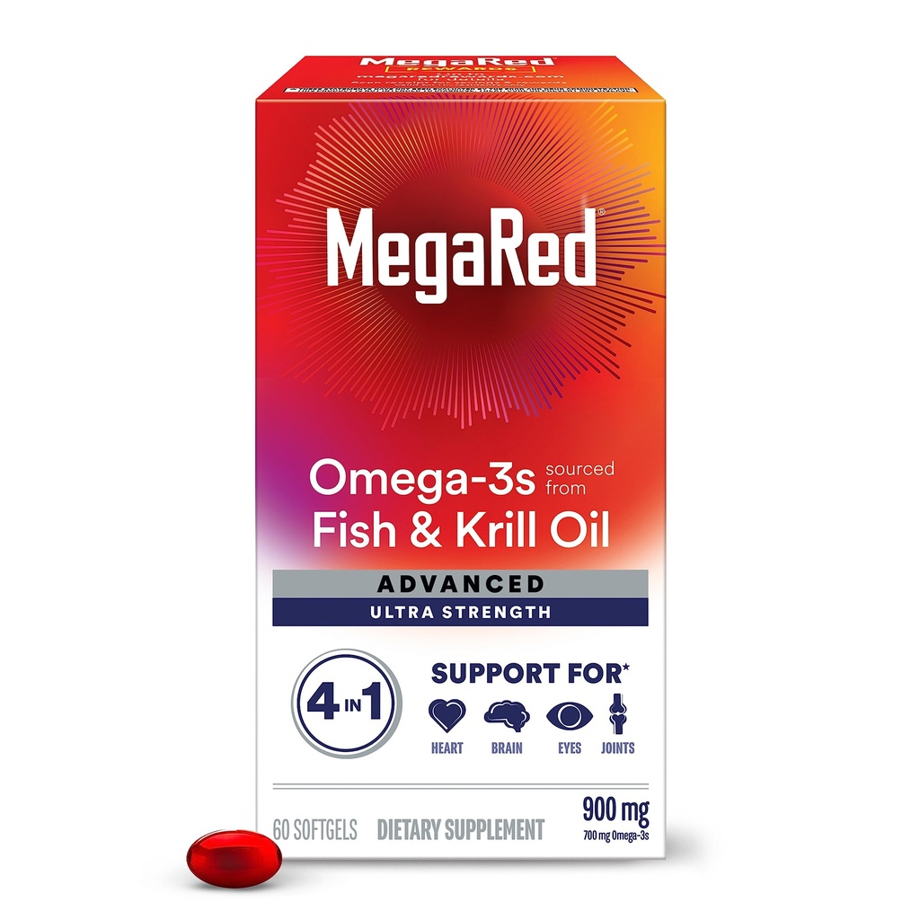 Megared Omega-3 Fish & Krill Oil Supplement 900mg - MegaRed Advanced 4in1, 60 softgels, 2x More Omega-3, Heart, Joint, Brain and Eye Supplement, Red, 60 Tellen