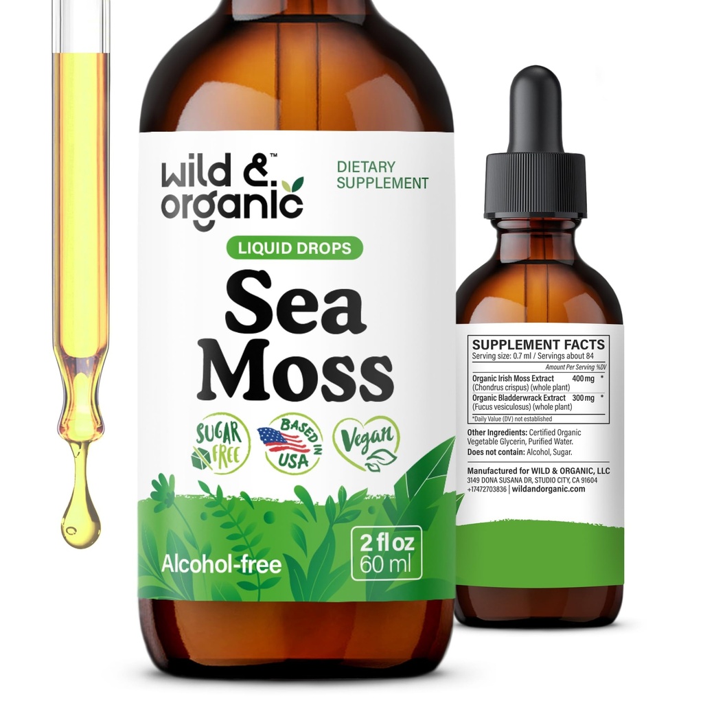 Wild & Organic Sea Moss Liquid Drops - Immune Support - Irish Sea Moss and Bladderwrack Tinctuur - Multimineral Chondrus Crispus Supplement - Vegan, Sugar & Alcohol-Free - 2 fl oz