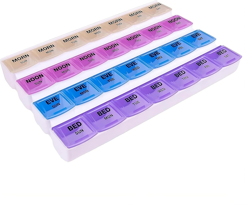 Apex Organisateur de pilules Mediplanner 7 jours, Organisateur de pilules hebdomadaires, 4 fois par jour Code couleur, facile à ouvrir, voir par les lys, organiser des médicaments ou des vitamines par AM, PM, soir et heure du lit
