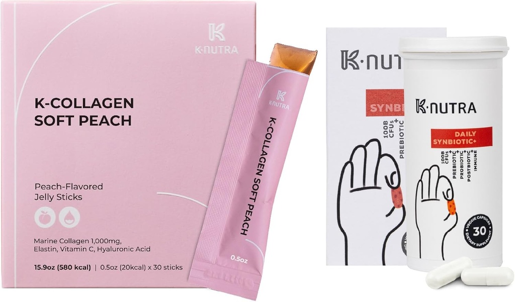 Dagelijkse Synbiotic+ (30 Caps) 100B CFU, Kimchi Postbiotic & K-Colllagen Zachte Peach Collagen Jelly (30 Sticks) - Digestief en huidgezondheid