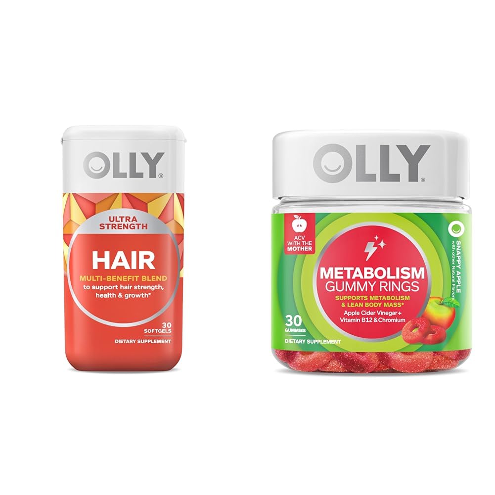 OLY Ultra Strength Coiffure Softgels, soutient la santé des cheveux, la biotine, la kératine et le métabolisme Anneaux gommy, vinaigre de cidre de pomme, vitamine B12, chrome