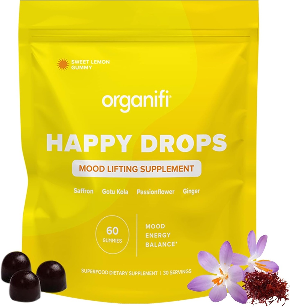 Organifi Happy Drops - Daily Superfood Happy Gummies voor volwassenen - Mood Support Supplement voor balans, geluk, energie en het nemen van de rand - Sweet Lemon Flavor - 60 Gummies