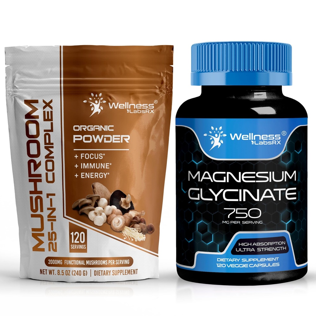 WELLNESS LABSRX Mushroom Powder 2000mg - Magnesium Glycinate Capsules - 750mg | Bundle