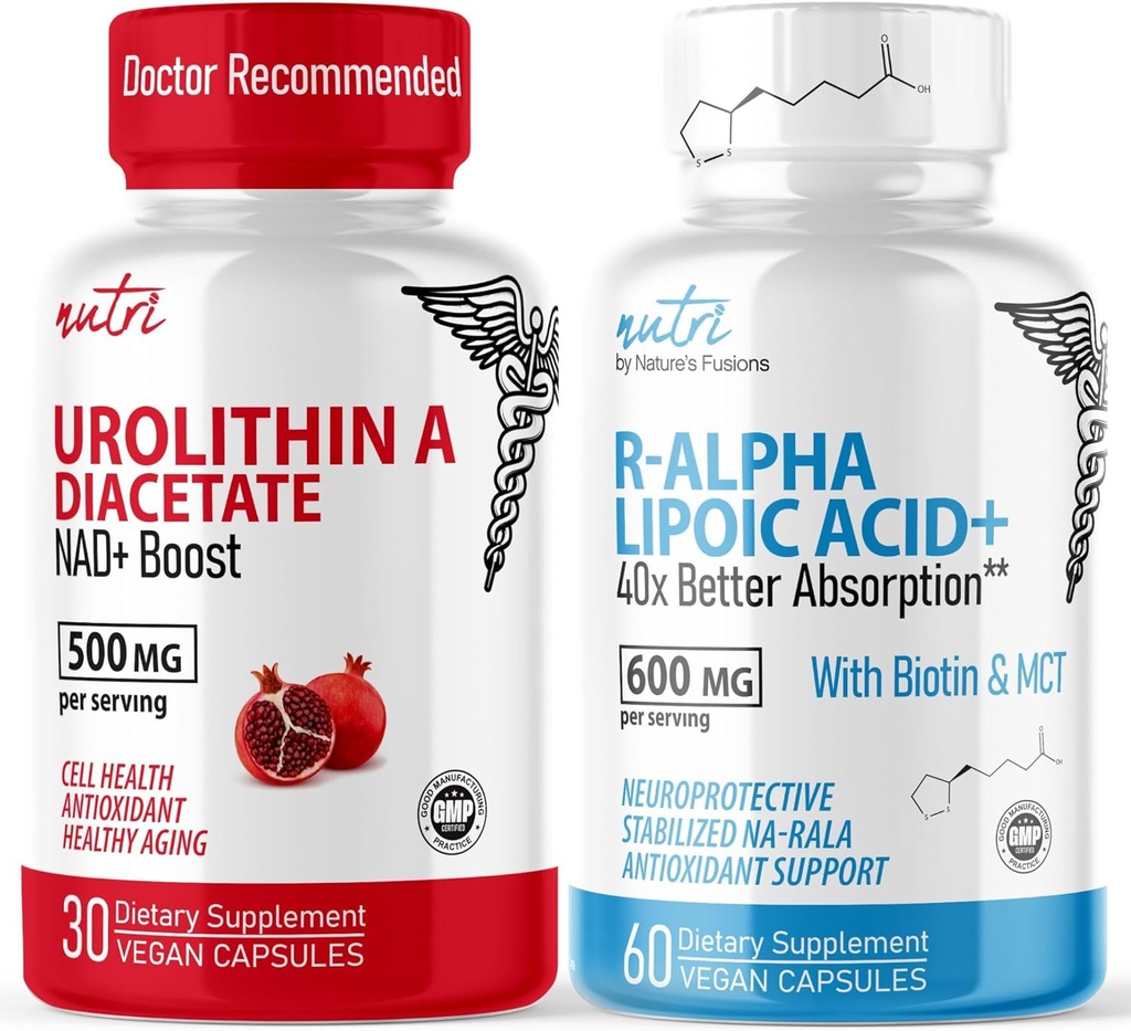 Nature's Fusions Urolithin A Diacetaat 500mg & R Alpha Lipoïnezuur 600mg (60 capsules) - Antioxidant/Energiebundel