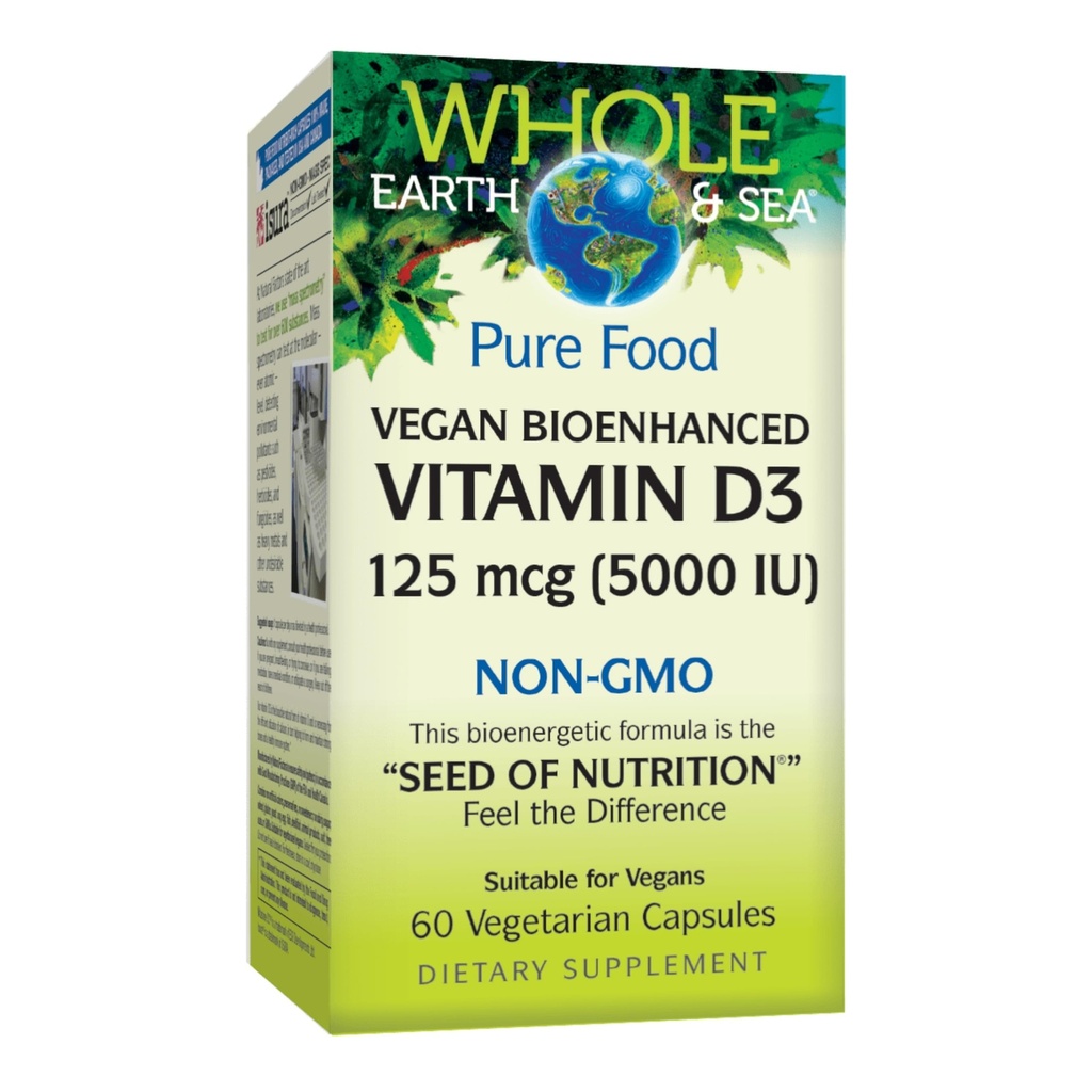 Natuurlijke factoren Whole Earth & Sea Vitamin D3 125mcg (5.000 IE), Vegan Bio-enhanced, 60 Vegetarische Capsules