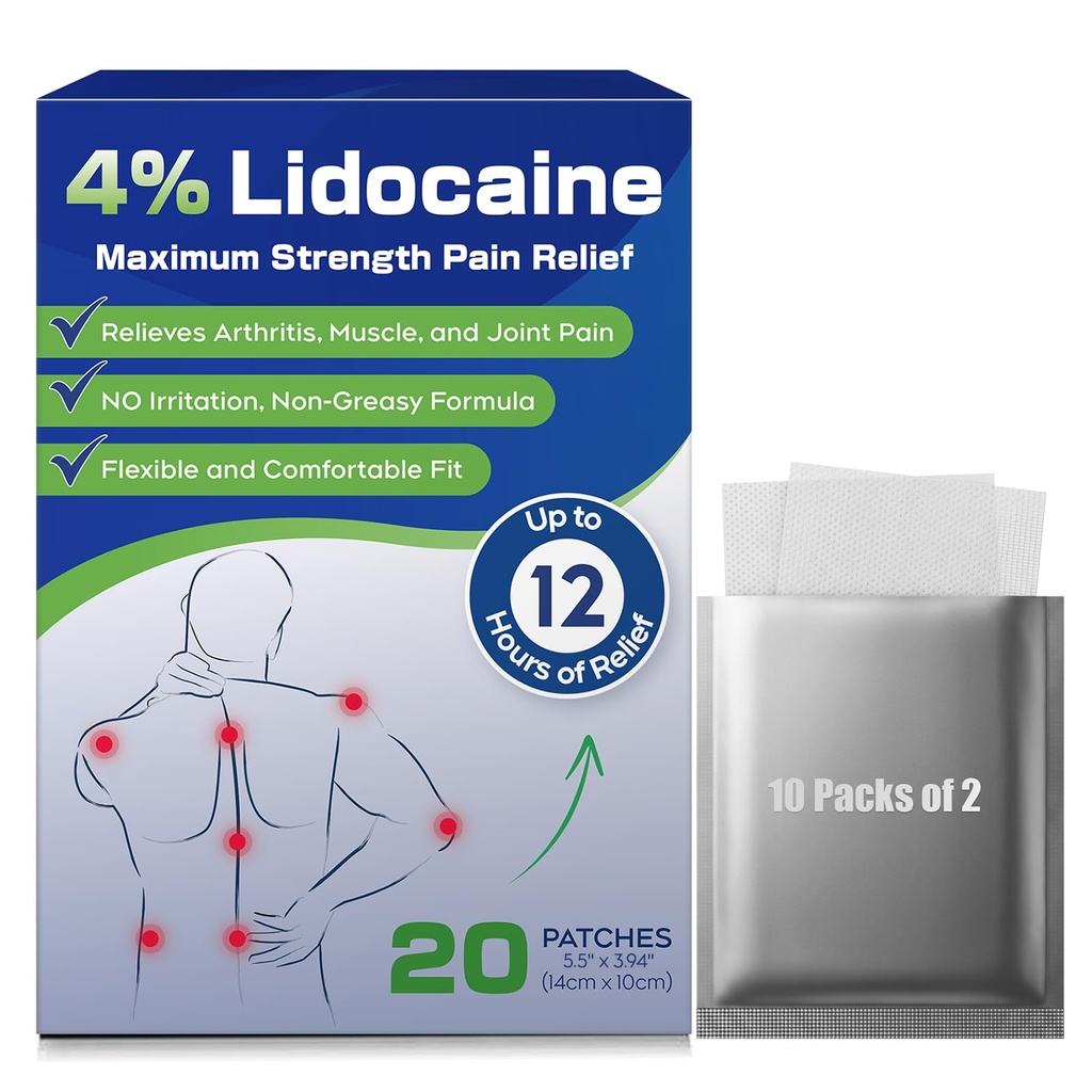 Uposiut 4% Lidocaïne Patches, 20 Count Patches Maximale sterkte Lidocaïne Patches (20 Patches), voor spierpijn verlichting in de nek, schouders, rug, knieën en anken, 12 uur pijn Relief-012345