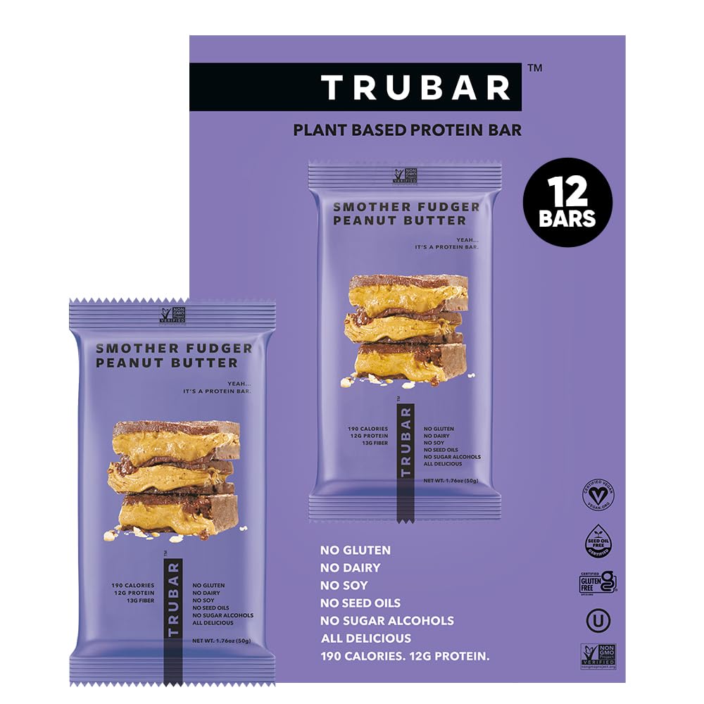 TRUBAR Veganistische proteïnerepen - Smother Fudger Pindakaas, sojavrij, zuivelvrij, glutenvrij eiwitrepen - Geen suikeralcoholen - non-GMO - 12 gram eiwit - 12 tel.