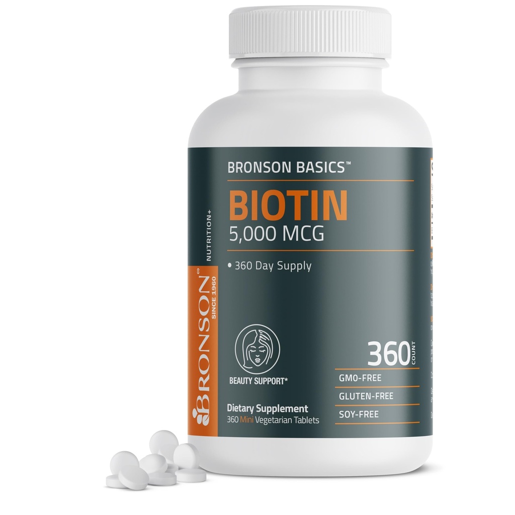 Bronson Biotin 5 000 MCG soutient la production de cheveux, de peau et de ongles sains et la production d'énergie - Soutien beauté haute puissance - non-OGM, 360 comprimés végétariens