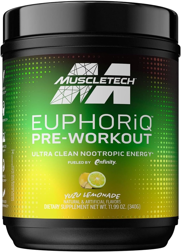 Pre Workout Poeder MuscleTech EuphoriQ PreWorkout Smart Pre Workout Powder for Men & Women Cafeine Metaboliet Gevoed met Paraxanthine Yuzu Lemonade (20 Servers)