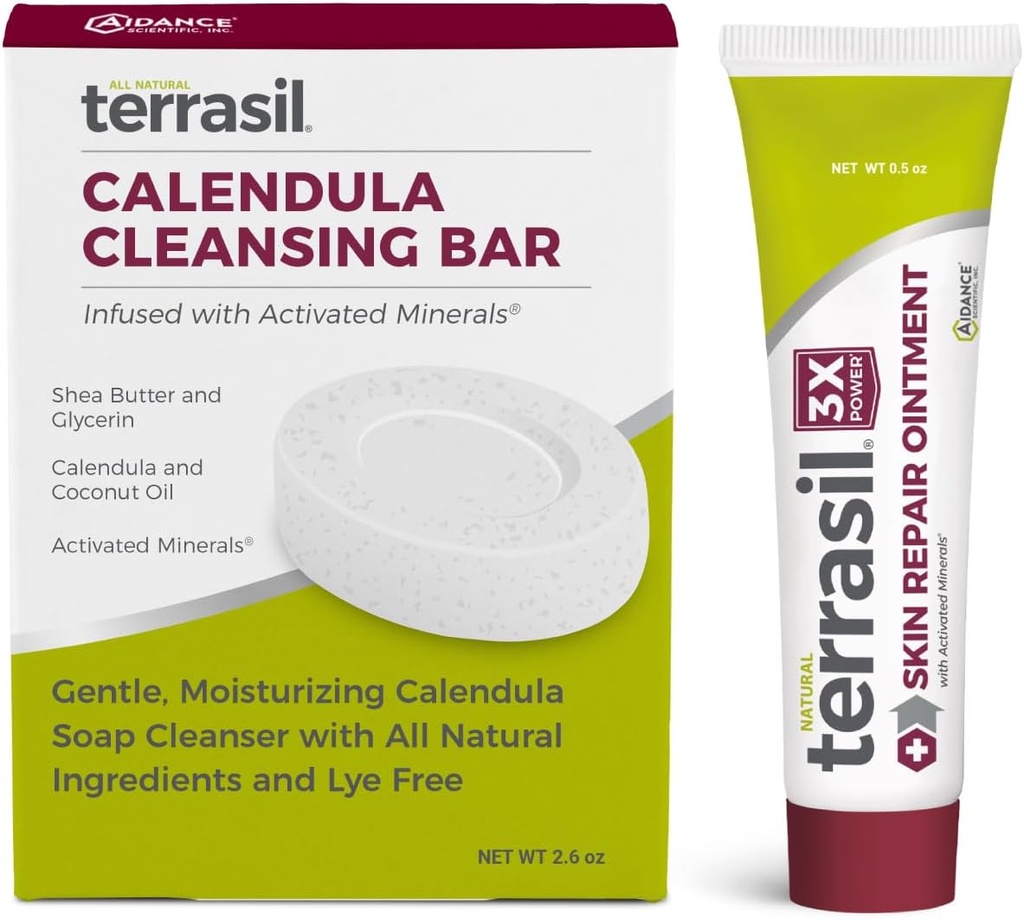 terrasil Huidreparatie & Calendula Zeep voor hoekige Cheilitis, Folliculitis, Impetigo, Lichen Sclerose, Boils, Pitted Keratolyse, Verzachtende Relief & Ondersteunt Healing (5oz Tube & zeepbar)