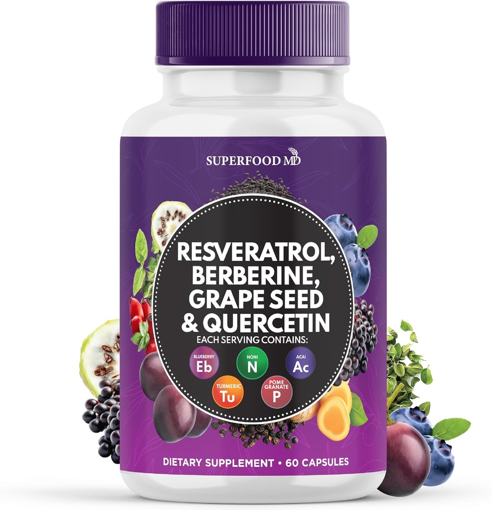 Resveratrol Berberine Grape Seed Extract Quercetine - Polyfenol Supplement met Noni Extract, N-Acetyl Cysteine, Acai Extract - Made in The USA - 60 Capsules