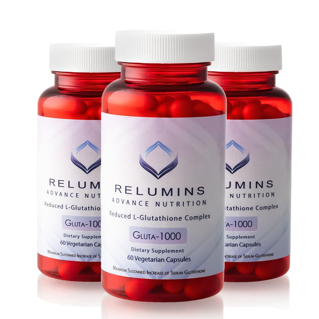 Relumines Advance Nutrition Gluta 1000 - Verminderd L-glutathion, Alpha Lipoïnezuur en Rose HIPS - Antioxidant Ondersteuning voor huid en algehele wellness - 60 Veg Capsules x 3 Flessen (90 dagen)