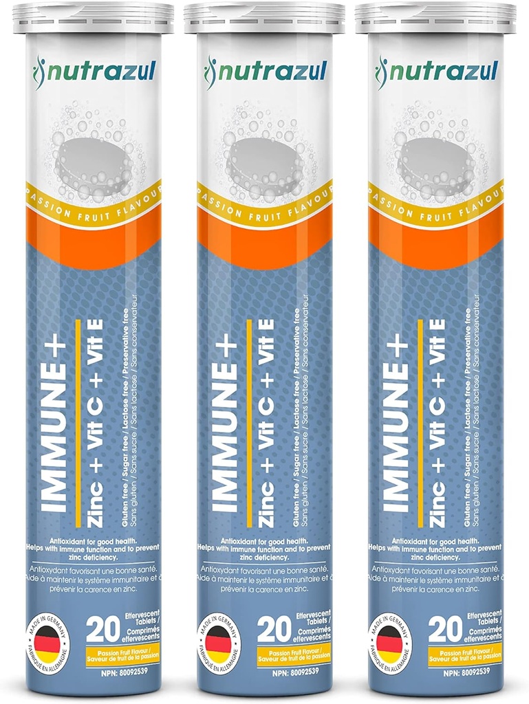Nutrazul Immune+ Comprimés effervescents (Vitamine C et zinc avec vitamine E) 60 Comprimés (Vitamine C et zinc avec vitamine E) Support immunitaire pour adultes et enfants (Idéal pour la protection de la saison de la grippe)