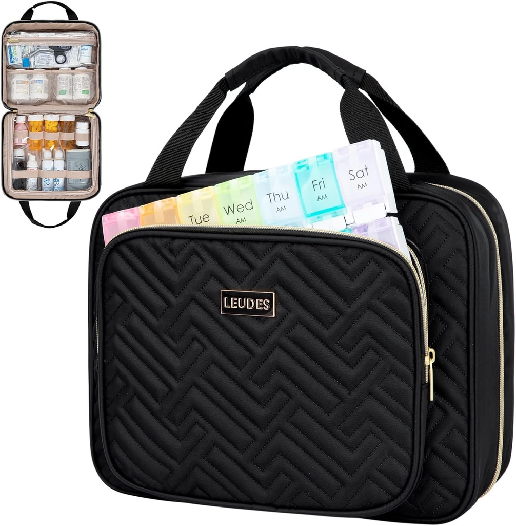 Leudes Travel Pill Bottle Organizer,Medicine Organizer en Opslag, Home Medication Bag, Cases, Carrier voor pillen,Vitamine,Visolie,Suplements voor vrouwen en mannen (Groot, zwart)