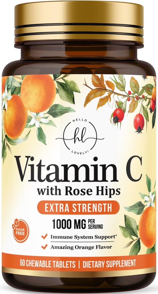 Vitamine C Supplement 1000mg - Extra sterkte met Rose Hips Bioflavonoïden - Suikervrij Vitamine C Kauwbare Pillen, Natuur Vit C voor Immune Ondersteuning & Antioxidant Bescherming - 60 Kauwtabletten