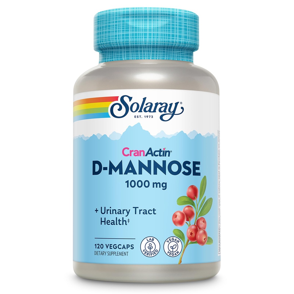 SOLARAY D-Mannose 1000mg avec extrait de canneberge de CranActin - D Mannose et supplément de canneberge avec vitamine C - soutient la santé urinaire - Vegan, garantie de 60 jours