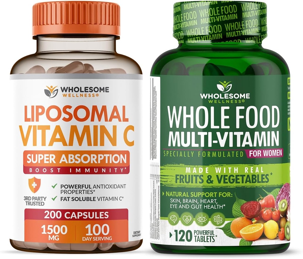 Gezonde Wellness Liposomale Vitamine C Capsules (200 Pillen 1500mg Gebufferd) Hoge Absorptie VIT C + Whole Food Multivitamine voor vrouwen - Natuurlijke Multi Vitaminen, Mineralen, Biologische Extracten Bundel