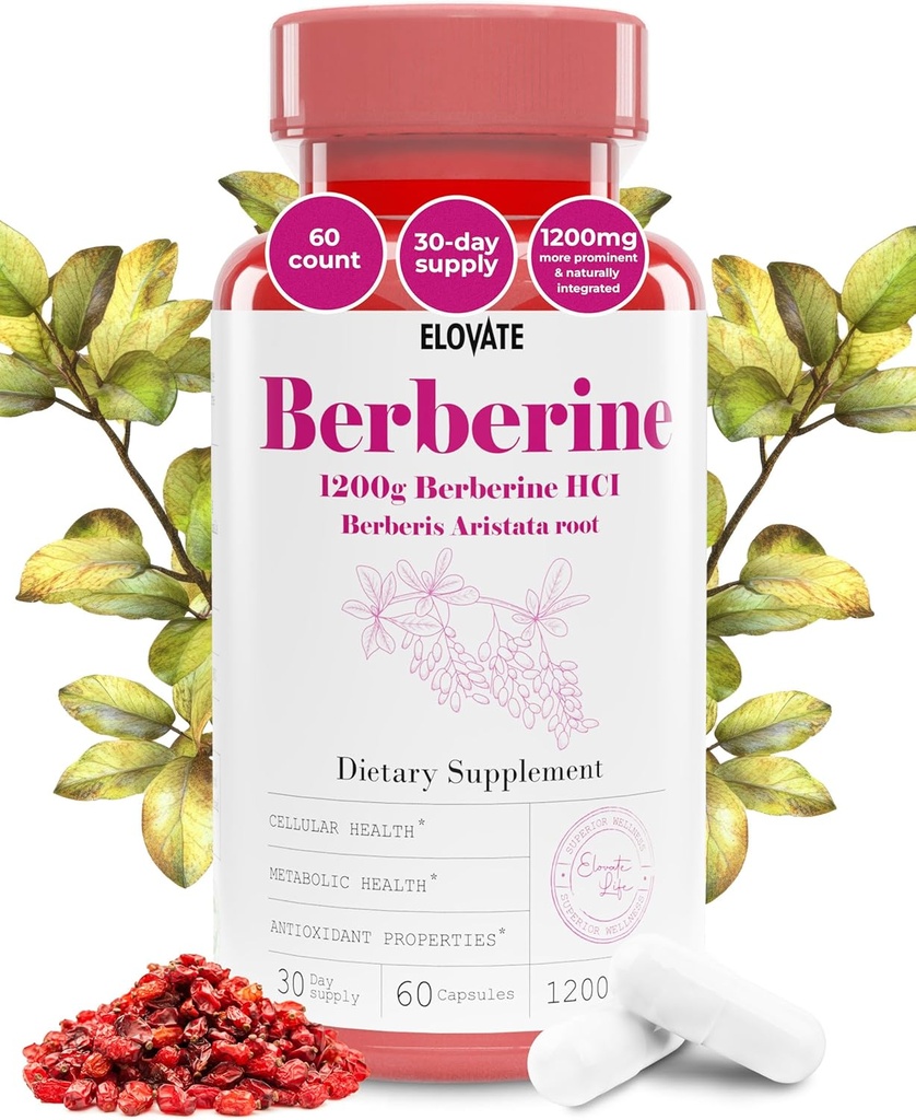 Elovate Berberine HCI Capsules, 1200mg - All-Natural, 3rd-Party-Tested, Non-GMO & Glutenvrije Berberine Supplement for Heart & Digestion, 60 Counts