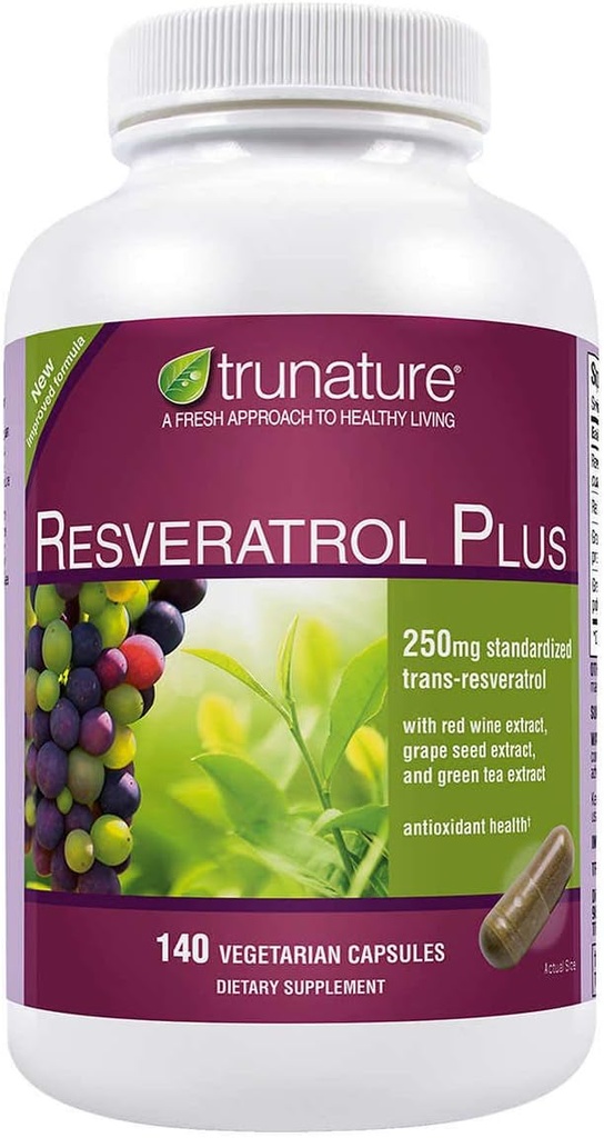 TruNature Resveratrol Plus, 250 Milligrammes Trans-Resveratrol normalisé 140 Capsules végétariennes