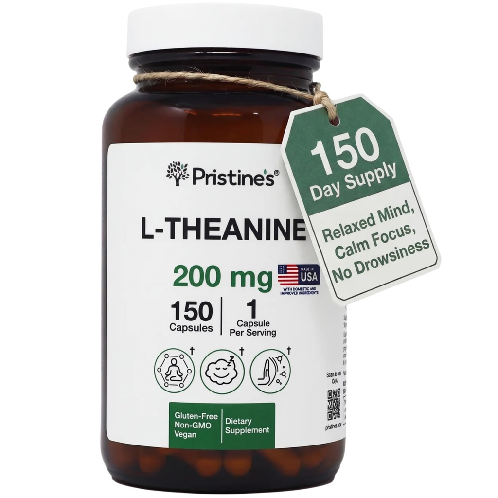PRISTINE'S L Theanine 200mg Supplement Capsules - 3rd Party Tested Non GMO -150 Day Supply - Relaxation & Slaapkwaliteit Ondersteuning Capsules - Vegan, cGMP Facility & Gluten Free Glazen Flessen