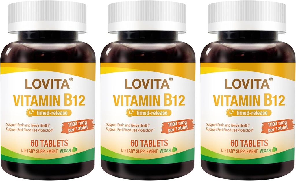 Lovita Vitamine B12 1000 mcg (B12 Vitaminen als Cyanocobalamine), Getimed Release B12, Vegan-Friendly, Ondersteunt Zenuwstelsel, 60 Vegetarische Tablets (2 Maand Supply) (Terug van 3)