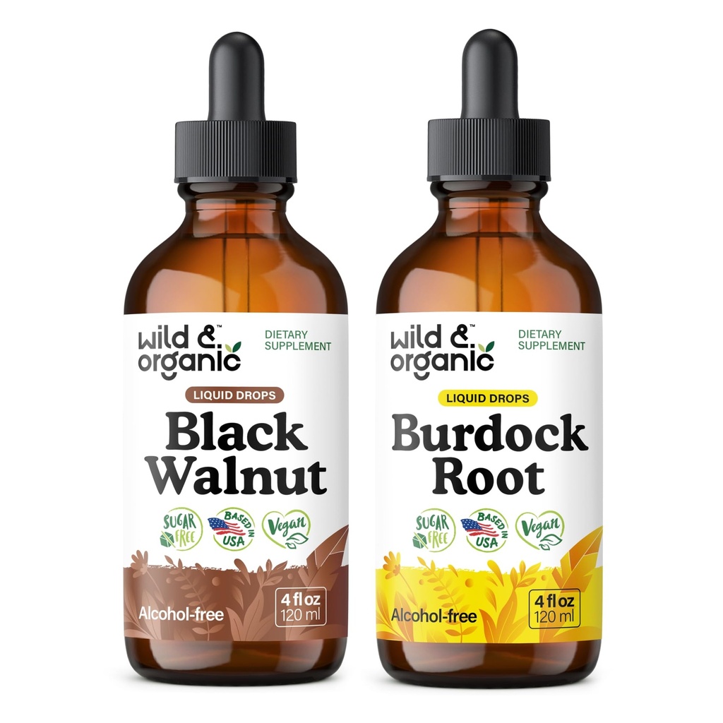 Wild & Organic Black Walnut Tinctuur 4 fl oz & Burdock Root Tinctuur 4 fl oz