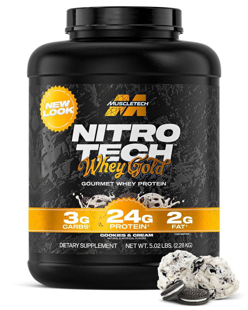 Muscletech Whey Protein Powder (Cookies & Cream, 5LB) - Nitro-Tech Whey Protein Isolate Smoothie Mix pour Lean Muscle & Recovery - 24g de Whey Gold Protein pour les femmes et les hommes - Emballage May Vary