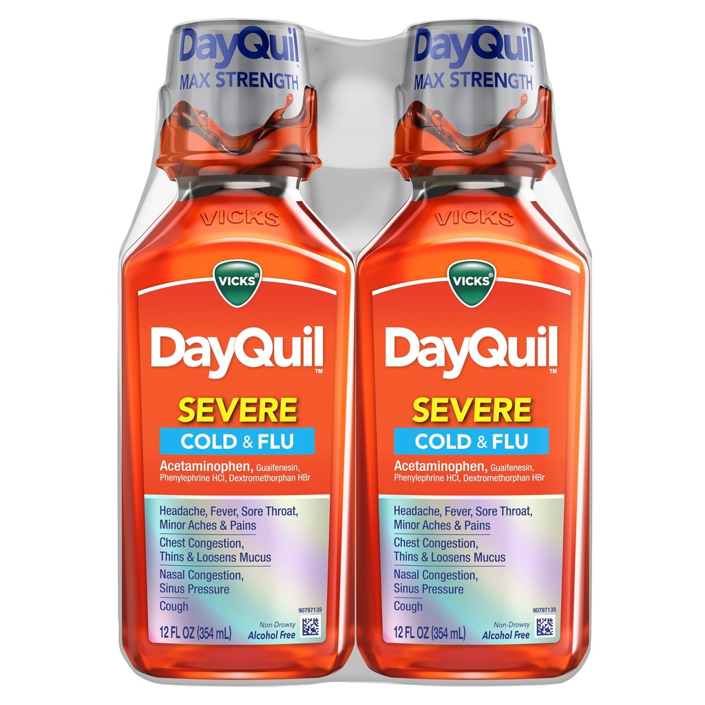 Vicks DayQuil ernstige koude en griep vloeibare geneeskunde, dag verlichting voor hoofdpijn, koorts, pijnlijke keel, lichte pijn & pijnen, borstcongestie, stuffy neus, neuscongestie, sinusdruk, & hoesten, 2x12oz