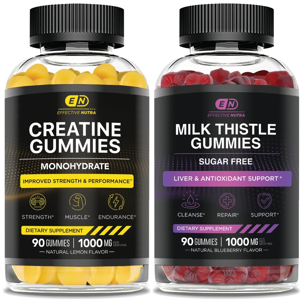 EFFECTY NUTRA Creatine Monohydraat Gummies 90ct & Sugar Free Milk Thistle Gummies 90ct